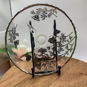 Silver City Glass Co. Silver Overlay Floral Glass Vintage 3 Legged Candy Dish